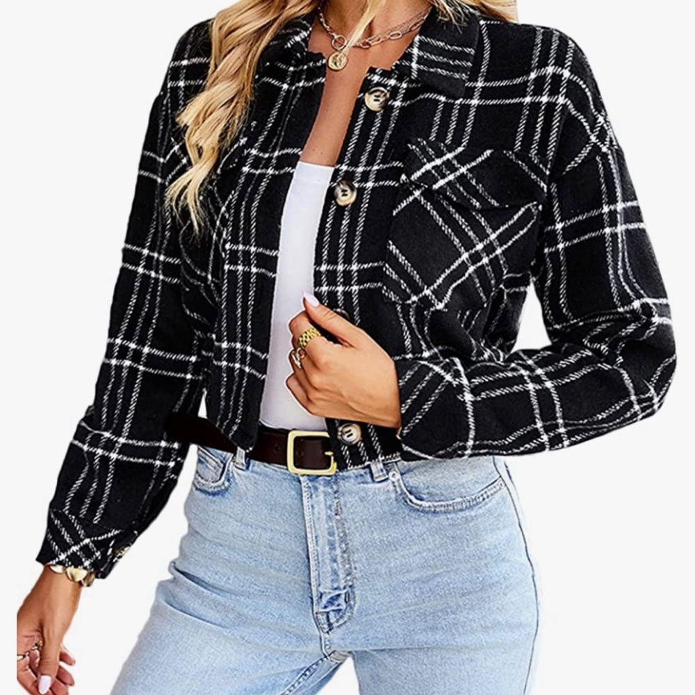 Womens Casual Wool Blend Plaid Flannel Shackets Jacket Button Down Shirt Coat